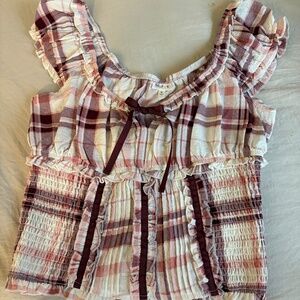 NWT Self E Plaid Ruffle Cap Sleeve Top